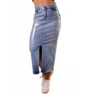 Blue High-Waist Denim Midi Skirt with Front Slit